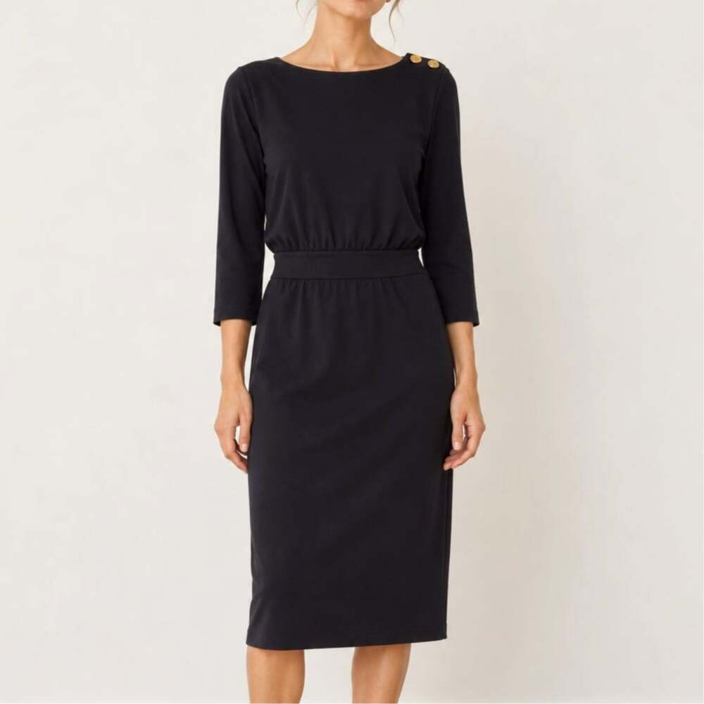 Tory Burch Navy Dress 100% Silk Gold Buttons 3/4 Sleeve Classic Size Small